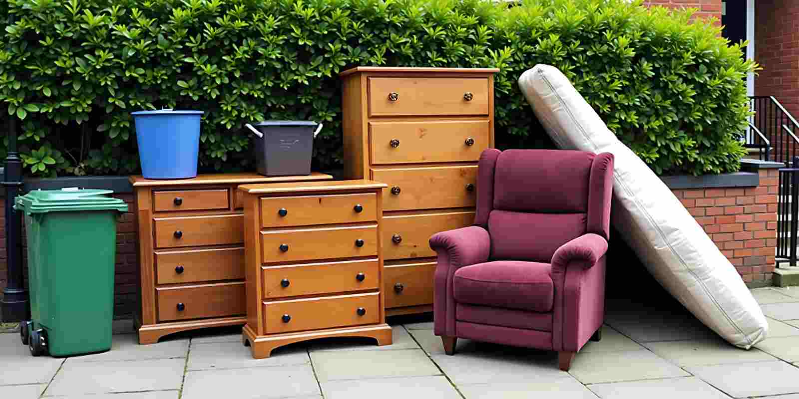 Dressers, armchair, and mattress staged outside for furniture removal