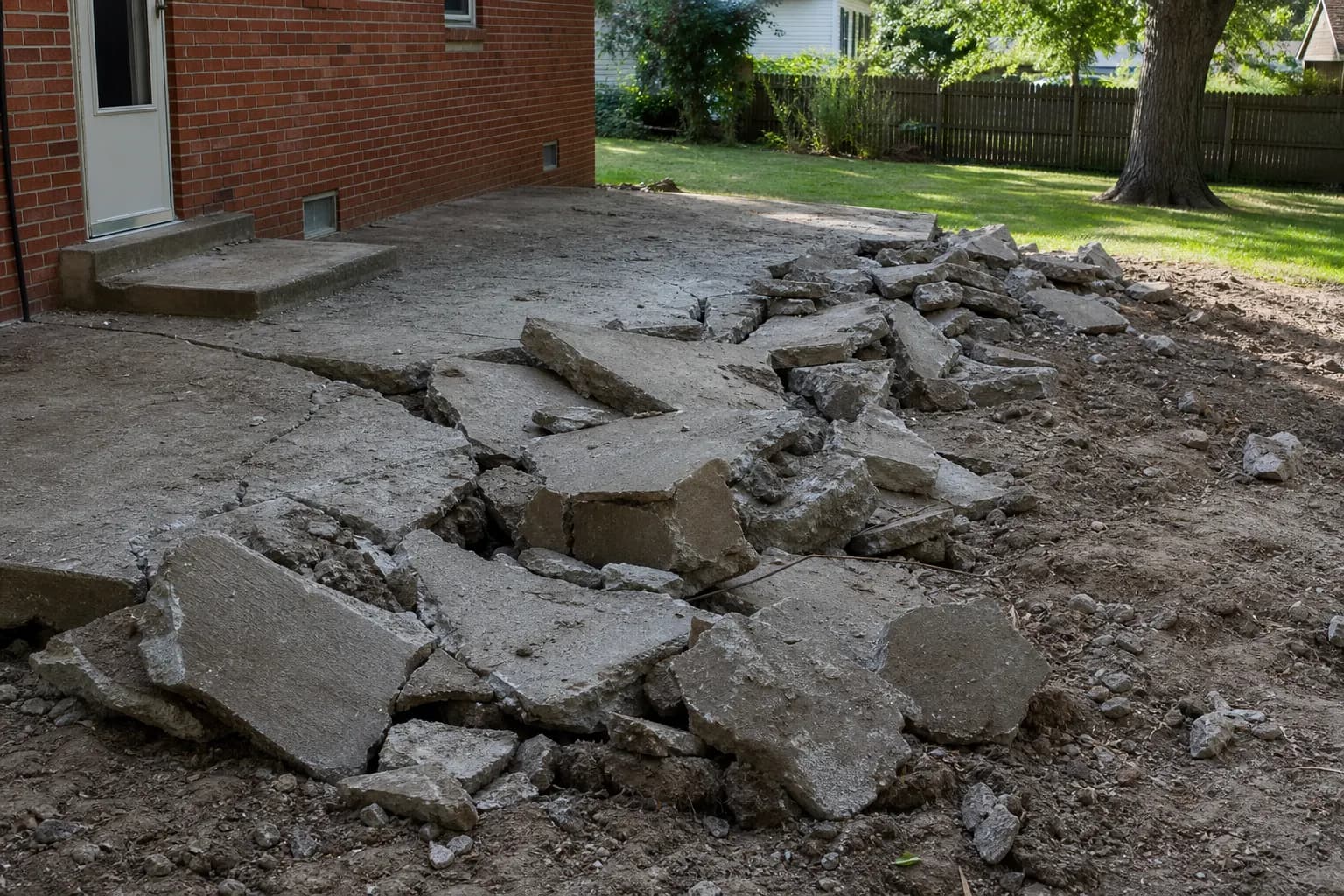 Concrete Removal Broken concrete and patio debris staged for haul-away in Warren County