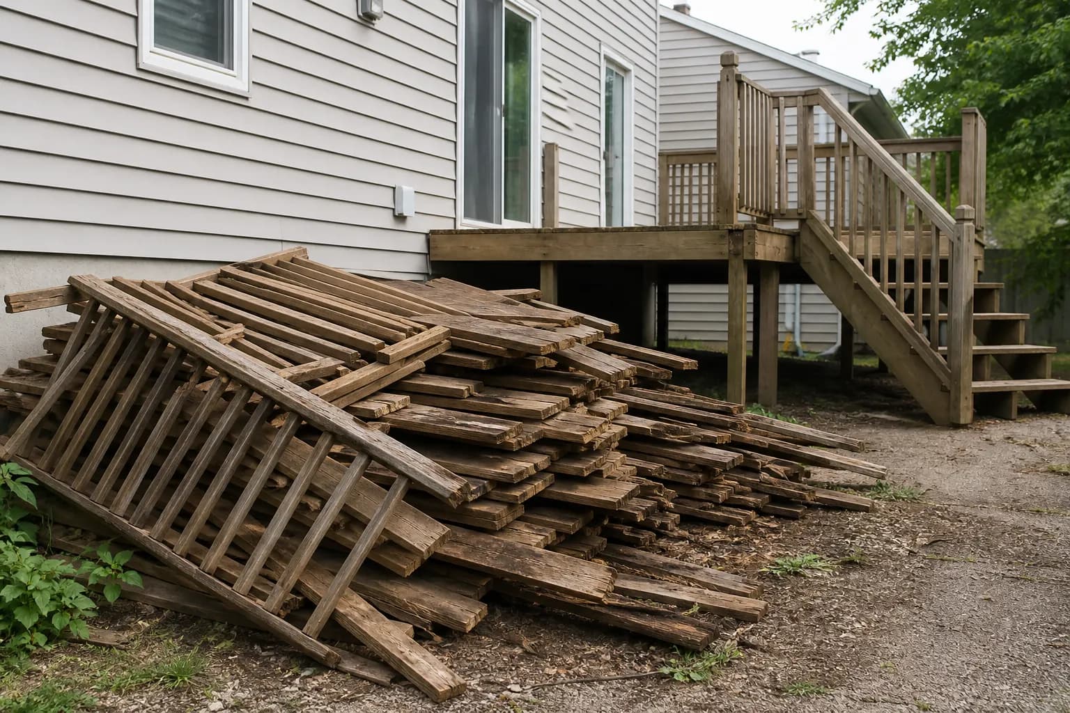 Deck Demolition Deck board and lumber debris from deck removal in Warren County