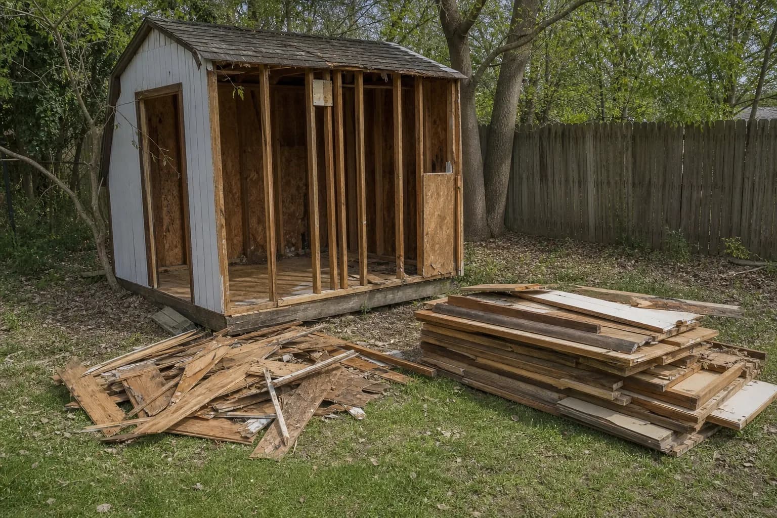 Shed Demolition Small shed tear-down and debris pile ready for junk removal near Warrenton