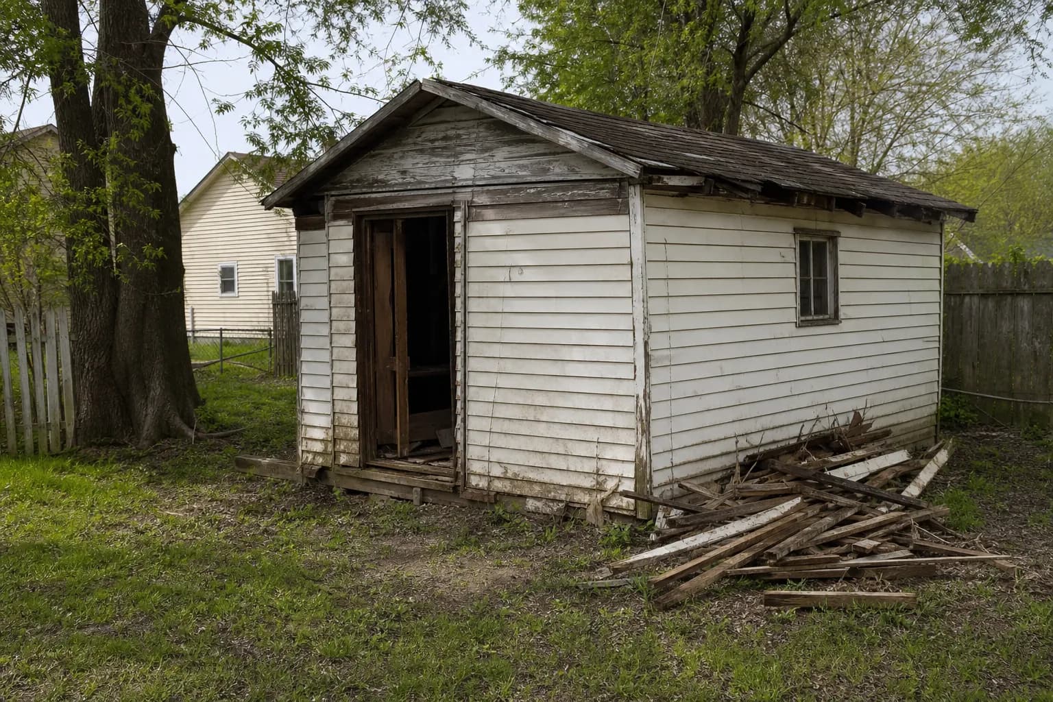 Structure Removal Small structure removal assessment with dump trailer for debris haul-away